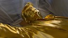 The golden Trump statues rests beneath its protective tent.