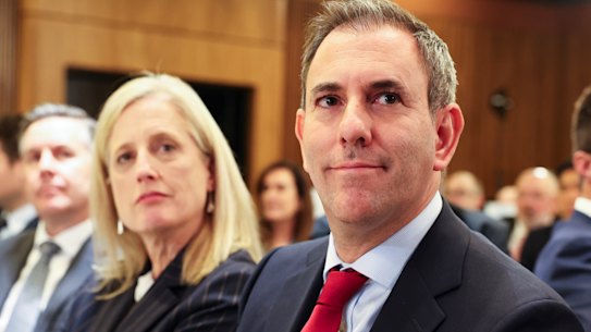 Finance Minister Katy Gallagher and Treasurer Jim Chalmers watch the PM speak on Wednesday.