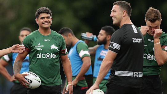 Latrell Mitchell and Sam Burgess at training during a happier time earlier in the year.