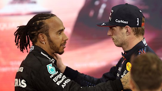 Lewis Hamilton congratulates Max Verstappen.