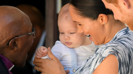 Prince Harry, Meghan and their baby son Archie meet Archbishop Desmond Tutu in South Africa.