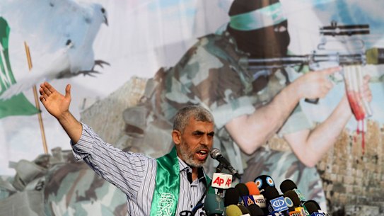 Yahya Sinwar talks during a rally in Khan Younis, southern Gaza Strip in 2011.