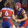 Kalyn Ponga celebrates his match-winning try.