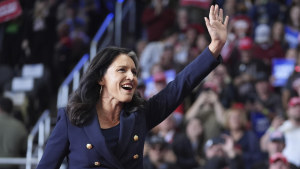 Tulsi Gabbard arrives before Republican presidential nominee former President Donald Trump speaks at a campaign rally in Pittsburgh on November 4. 