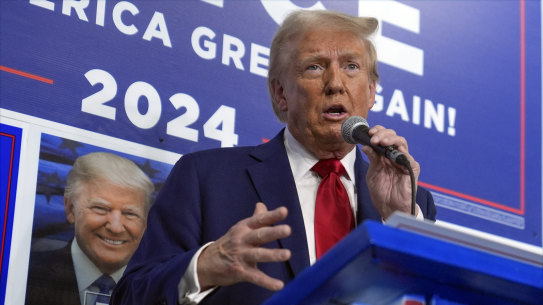 Donald Trump speaks as he visits a campaign office, in Hamtranck, Michigan.