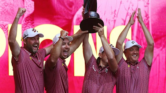Australia’s Ripper GC team of (l-r) Marc Leishman, Lucas Herbert, Cameron Smith and Matt Jones celebrate their teams win at LIV Golf Adelaide.