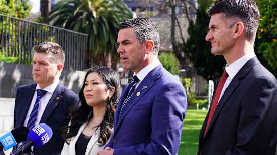 Battin announcing his new frontbench with Richard Welch, Nicole Werner and Nick McGowan.