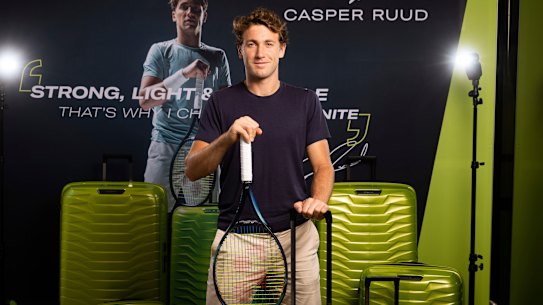 In the bag. Samsonite global ambassador Casper Ruud with a collection of Proxis luggage at Myer, Melbourne.