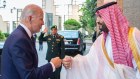 Saudi Crown Prince Mohammed bin Salman, right, greets US President Joe Biden with a fist bump in Jeddah.