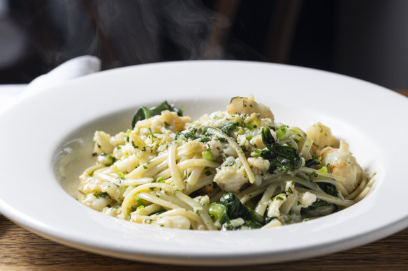 Crab and prawn linguine with sake butter.