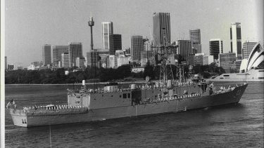HMAS Sydney steams up-Harbour towards circular Quay for the first time.
