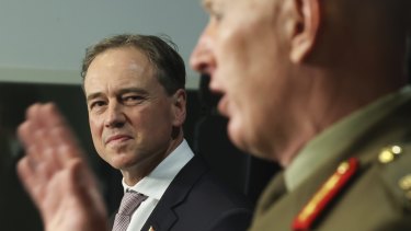 Minister for Health and Aged Care Greg Hunt and COVID-19 Taskforce Commander, Lieutenant General John Frewen.