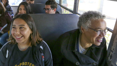 Chicago mayoral candidate Toni Preckwinkle takes a bus tour of Chicago with Brighton Park residents during a day of campaigning in Chicago. 