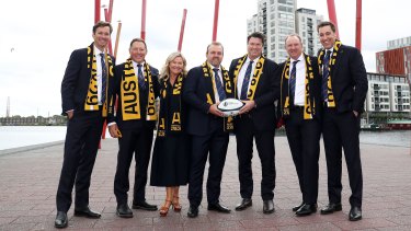 Australian World Rugby officials and Rugby Australia’s successful bid team in Dublin on Thursday. From left: Patrick Eyers, Phil Kearns, Pip Marlow, Andy Marinos, Hamish McLennan, Brett Robinson, Anthony French.