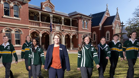 St Joseph’s College Echuca students Jack Anderson, Greer Thomson, Kajini Karunanayake, Coby Morgan, Jamisen Knight, Dermot Ritchie and Callum Walker with principal Anne Marie Cairns.