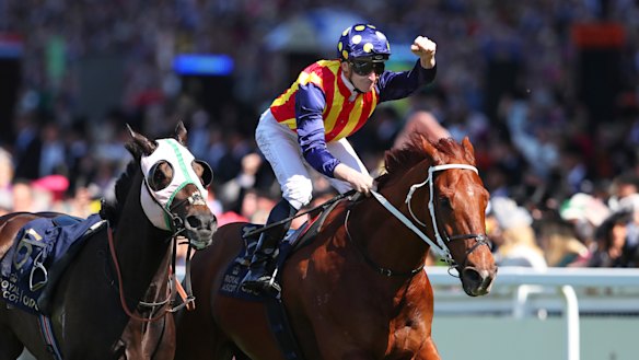 James McDonald punches the air as Nature Strip wins The King’s Stand Stakes at Royal Ascot.