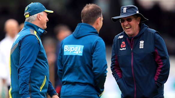 Former England coach (right) Trevor Bayliss with Justin Langer before the Ashes Test at Lord’s in 2019.