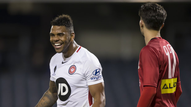 Kwame Yeboah celebrates scoring Wanderers' third goal during their 7-0 rout of Sydney United on Wednesday night.