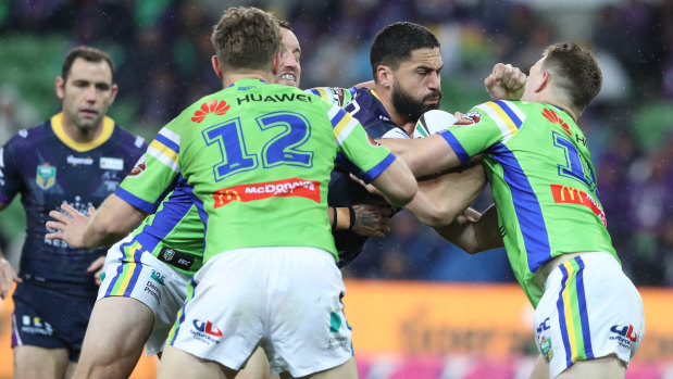 Jesse Bromwich in action for the Storm during the Round 20 NRL match between the Melbourne Storm and the Canberra Raiders at AAMI Park in Melbourne, Saturday, July 28, 2018.