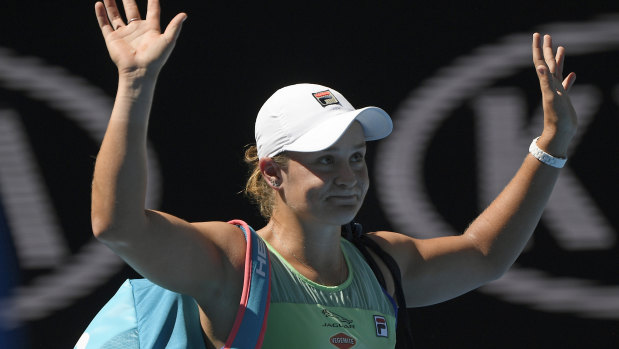 Australia's Ashleigh Barty farewells a shocked Rod Laver Arena crowd after losing her semi-final against Sofia Kenin.