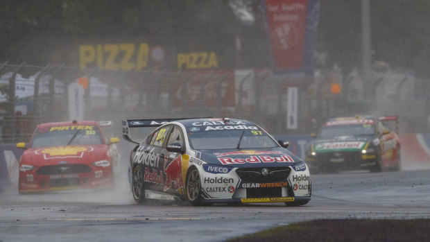 Slippery when wet: Shane van Gisbergen sets the pace on they way to winning the WATPAC 400 Event 8 of the Virgin Australia Supercars Championship in Townsville.