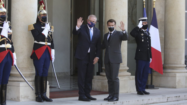 French President Emmanuel Macron and Australian Prime Minister Scott Morrison ahead of a working dinner in Paris.