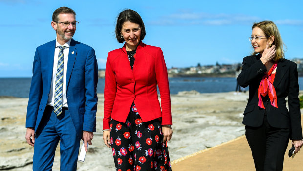 MP for Coogee Bruce Notley-Smith, Premier Gladys Berejiklian  and Environment Minister  Gabrielle Upton launching the marine park concept.