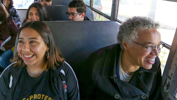 Chicago mayoral candidate Toni Preckwinkle takes a bus tour of Chicago with Brighton Park residents during a day of campaigning in Chicago. 