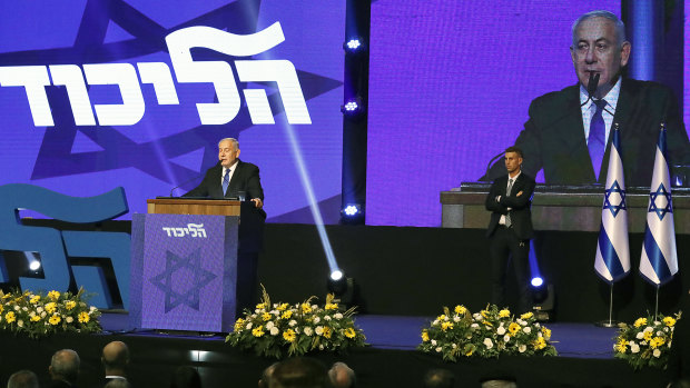 PM Benjamin Netanyahu speaks at the Likud party headquarters in Tel Aviv after the vote.
