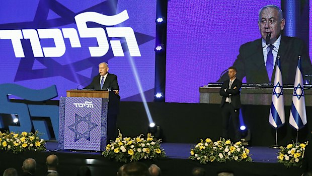 PM Benjamin Netanyahu speaks at the Likud party headquarters in Tel Aviv after the vote.