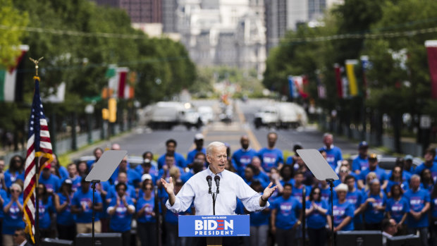 Democratic presidential candidate, former Vice President Joe Biden rallies the crowd at Eakins Oval in Philadelphia.