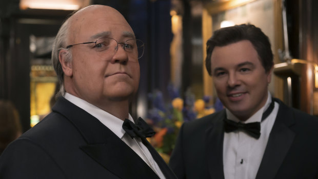 Russell Crowe, pictured left with Seth Macfarlane, is "masterful" as Roger Ailes in The Loudest Voice. 