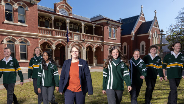 St Joseph’s College Echuca students Jack Anderson, Greer Thomson, Kajini Karunanayake, Coby Morgan, Jamisen Knight, Dermot Ritchie and Callum Walker with principal Anne Marie Cairns.