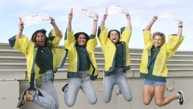 Demi Hayes, Charlotte Caslick, Dominique Du Toit and Emma Tonegato after being named in Australia’s Olympic sevens team. 