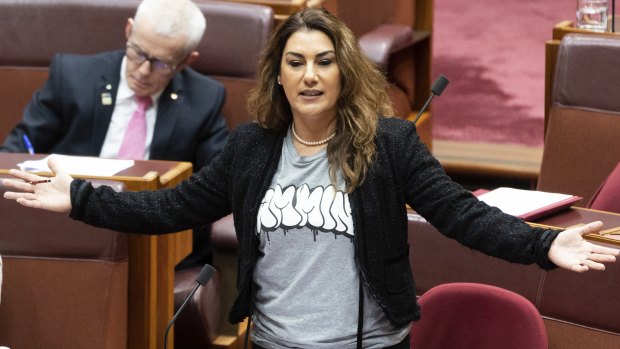 Even after covering up her slogan, as required by Senate rules, “gammin” could still be seen on Thorpe’s T-shirt.