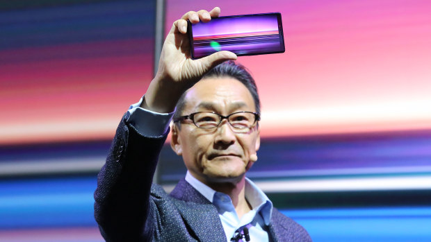 Global Sony Mobile president Mitsuya Kishida holds the new Xperia 1. Like the last two Xperia flagships, it will not make it to Australia.