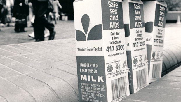 A safe sex campaign on milk cartons by the Victorian AIDS Council in 1987.