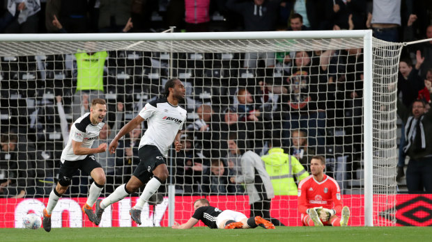 Key moment: Cameron Jerome scores for Derby County. 