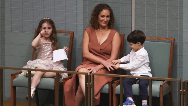 Amie Frydenberg with children Gemma and Blake in Parliament as Treasurer Josh Frydenberg delivered the budget last month.