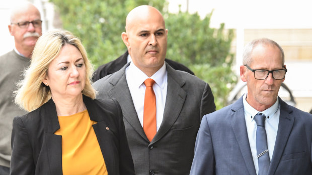 Craig Folbigg (right) arrives with his barrister, Margaret Cunneen, SC, and solicitor Danny Eid (centre).