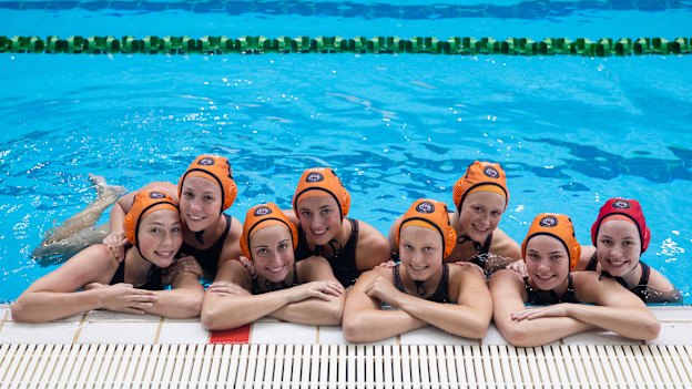 The UTS Balmain women’s water polo team includes (from left) Indiana and Layla Smith, Saskia and Lily Dunn, Annabelle and Matilda Waugh, and Evelyn and Abbey O’Neill.