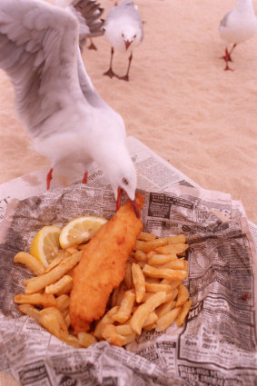 Childhood memories of fish and chips from newspaper at Bondi Beach. 