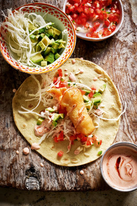 Ensenada fish tacos with chilli and coriander.