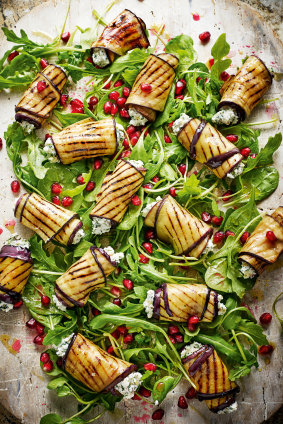 Char-grilled eggplant and feta rolls, from Road to Mexico, by Rick Stein. 