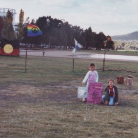 Marlee Silva and her sister Keely at the Tent Embassy in Canberra in the winter of 2002. 
