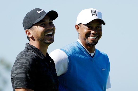 Jason Day and Tiger Woods together at Torrey Pines Golf Course in San Diego in 2017.