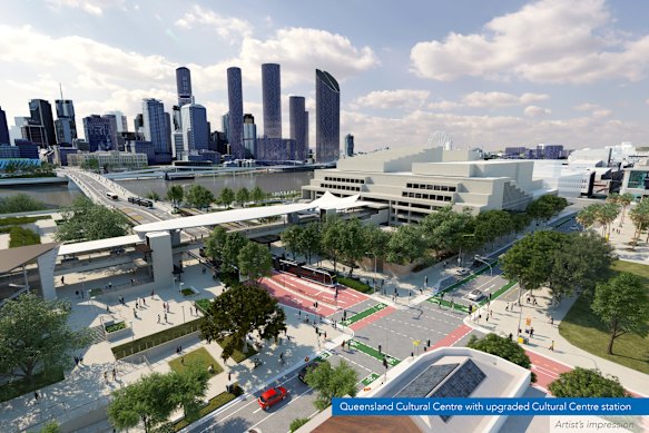 An artist’s impression of the new Cultural Centre busway, from a media announcement by Lord Mayor Adrian Schrinner in August 2022, showing the “pocket park” in the bottom-right corner.
