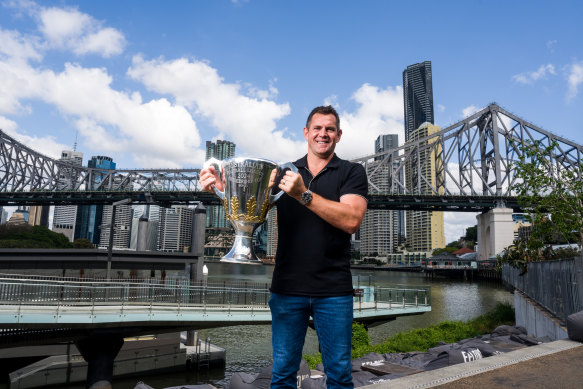 Luke Hodge in Brisbane as part of the AFL Premiership Cup tour. Fans will have a chance to get a photo with the Cup in Brisbane on Friday at Southside Toyota at 10am, and Kenmore Bears Junior Football Club at 5pm. It will also be present at Sunday’s QAFL grand final.