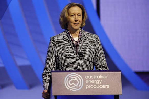 Woodside chief executive Meg O’Neill speaks at the Australian Energy Producers Conference in May.
