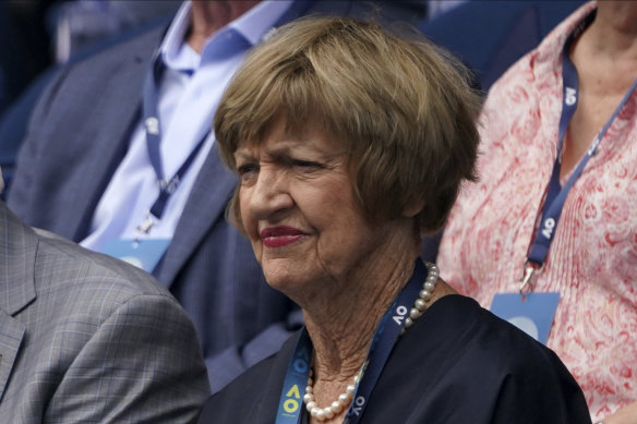 Margaret Court watches the clash between  Novak Djokovic and Diego Schwartzman on Sunday. 
